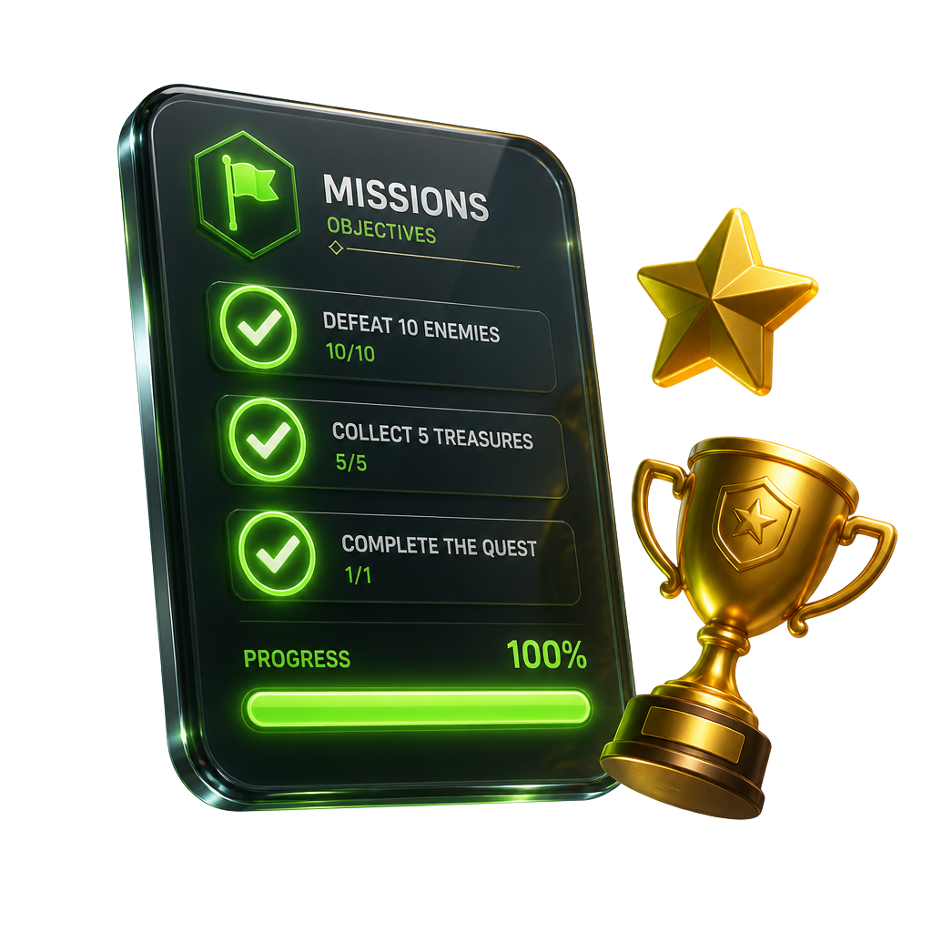 Painel de missões com checklist